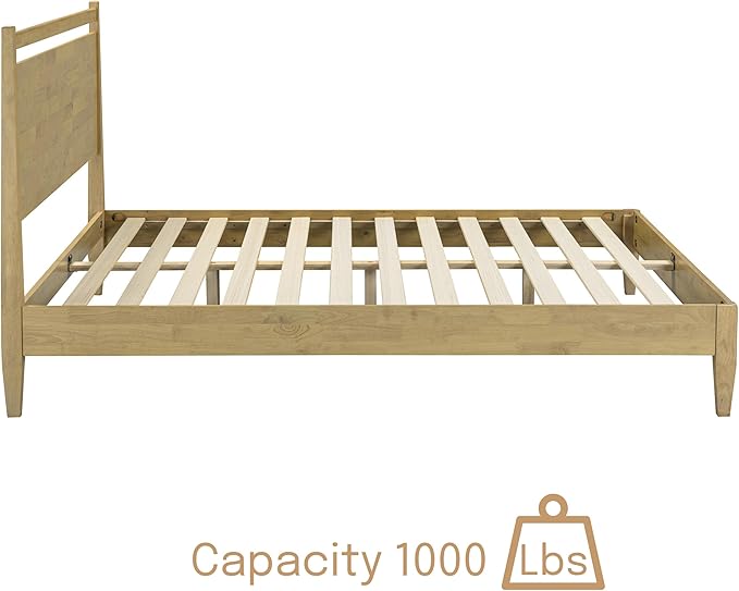 NTC Adept Wooden Bed Frame with Headboard, Solid Wood Foundation with Silent Slats and Wood Central Supports, 1000 Lb Capacity, Effortless Assembly, King - Sand