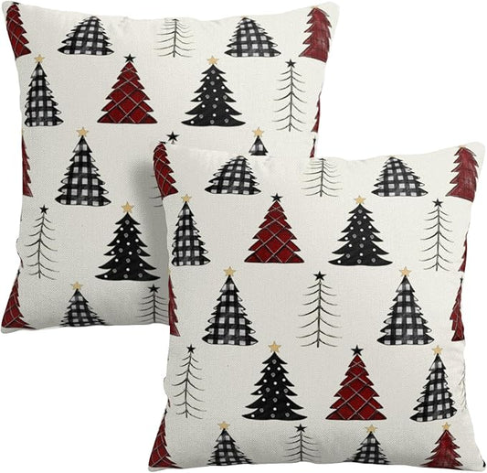 Buffalo Plaid Christmas Tree Pillow Covers 18x18 Set of 2 Red Black and White Xmas Decorative Outdoor Throw Pillow Cases Seasonal Farmhouse Cushion Case Winter Holiday Decor for Sofa Couch