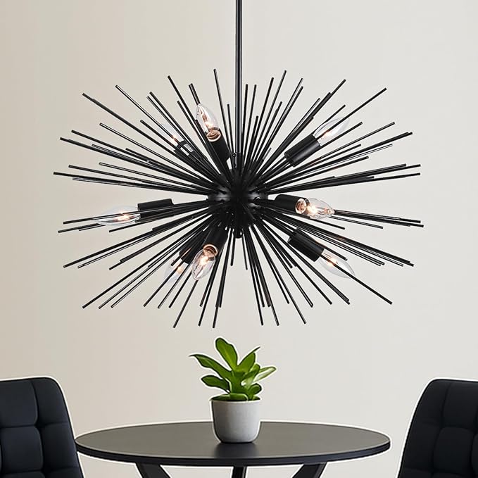 24in Black Sputnik Chandelier Mid Century Modern 9-Lights Starburst Chandelier Solid Metal Firework Urchin Satellite Chandeliers for Dining Room, Kitchen, Bedroom, Living Room, Foyer, E12