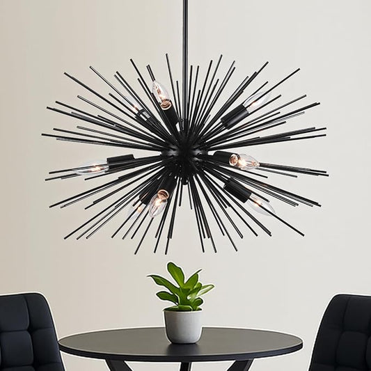 24in Black Sputnik Chandelier Mid Century Modern 9-Lights Starburst Chandelier Solid Metal Firework Urchin Satellite Chandeliers for Dining Room, Kitchen, Bedroom, Living Room, Foyer, E12