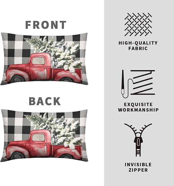Christmas Lumbar Pillow Covers 12x20 Set of 2 Black and White Buffalo Plaid Red Truck Christmas Tree Decorative Throw Pillow Covers Xmas Winter Holiday Pillow Case for Outdoor Couch Patio