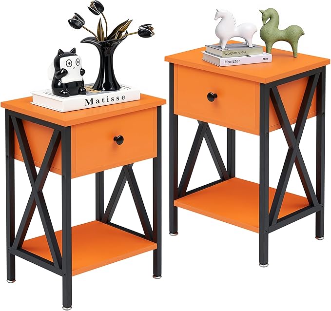 VECELO Nightstands, Modern Bedside End Tables Set of 2, Night Stand with Drawer and Storage Shelf for Living Room Bedroom, Industrial Metal Frame