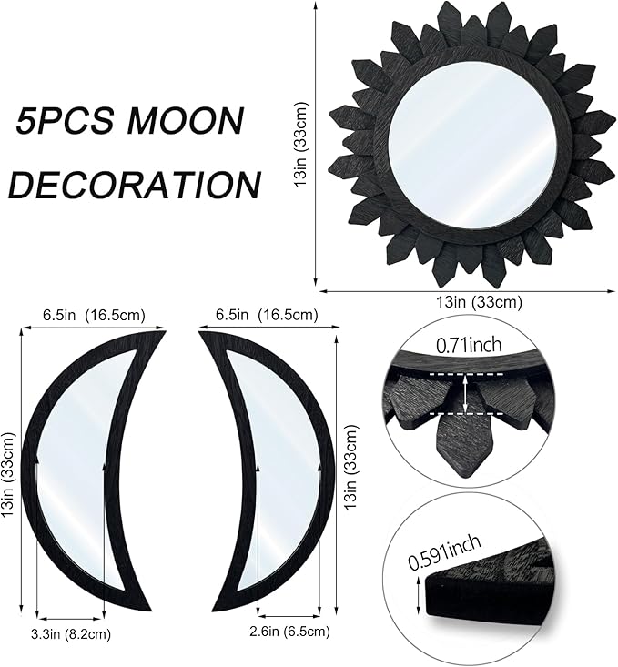 5 Pieces Moon Phase Mirror Wall-Mounted Wall Decor Mirrors Natural Wooden Sunburst Bohemian Wall Art for Home Living Room Bedroom Decoration