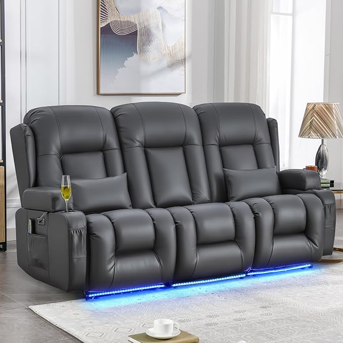 IPKIG Power Recliner Sofa with Flip-Up Backrest Console, USB & USB-C Ports, AC Outlet, LED Lights, Wall Hugger Recliners for Living Room, RV (PU Grey, 76.8" - 3 Seat) | Faux Leather, Zero Gravity, Dual Reclining, 2 Lumabr Pillow