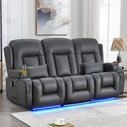 IPKIG Power Recliner Sofa with Flip-Up Backrest Console, USB & USB-C Ports, AC Outlet, LED Lights, Wall Hugger Recliners for Living Room, RV (PU Grey, 76.8" - 3 Seat) | Faux Leather, Zero Gravity, Dual Reclining, 2 Lumabr Pillow