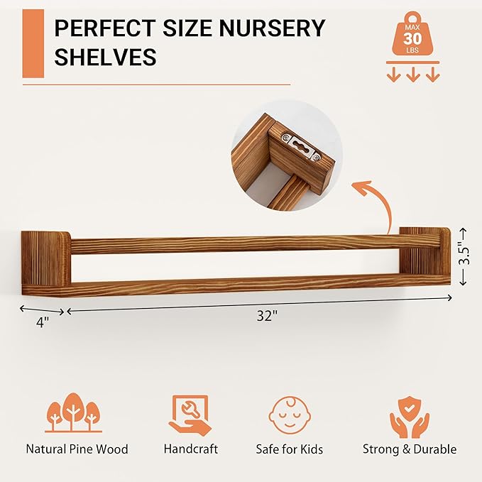 Heimlove Nursery Floating Shelves, Solid Wood Nursery Book Shelves for Wall, 32 inch Bookshelf for Kids, Mounted Shelves for Books,Toys and Decor Storage, Set of 3