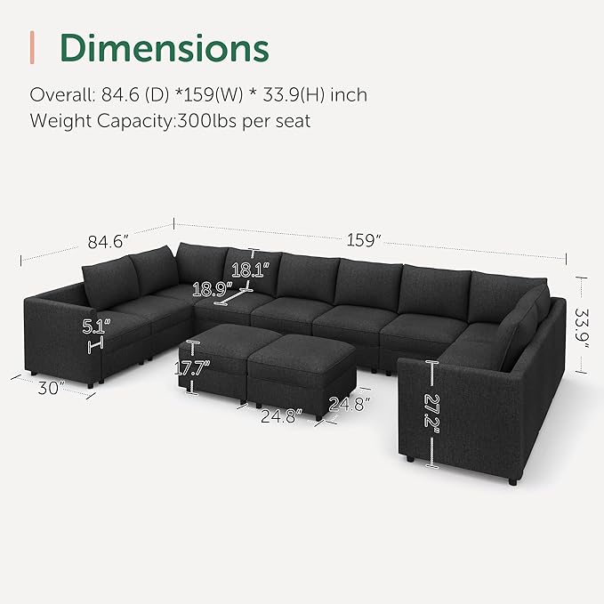 HONBAY Modular Sectional Sofa Sleeper Couch with Storage Modular Couch Convertible Couches for Living Room - Linen Grey