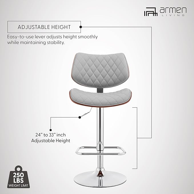 Armen Living Leland Adjustable Grey Faux Leather and Chrome Finish Bar Stool