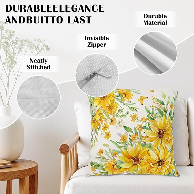 Daisy Pillow Covers 22x22 Set of 2 Summer Yellow Floral Sunflower Butterfly Decorative Throw Pillows Seasonal Spring Flowers Outdoor Cushion Case for Home Couch Sofa Decor