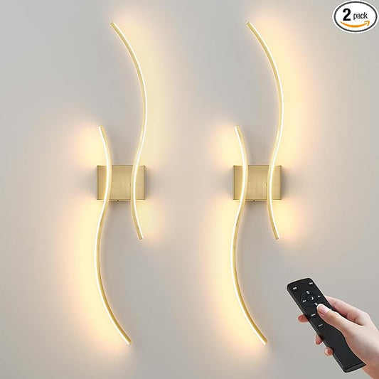 Battery Operated Wall Sconces Set of Two with Remote Control, Battery Wall Light, Stepless Colors 3000K-6000K & Dimming, Brass Rechargeable Wall Sconces for Living Room, Hallway, Bedroom, 39.3 Inch
