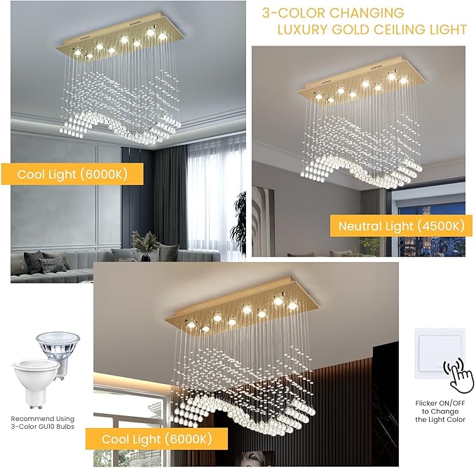 Siljoy Gold Rectangle Crystal Chandelier for Dining Room, 31.5'' Modern Wave Raindrop Crystal Chandelier, 8-Light Luxury Rectangular Pendant Ceiling Light for Living Room Kitchen Island