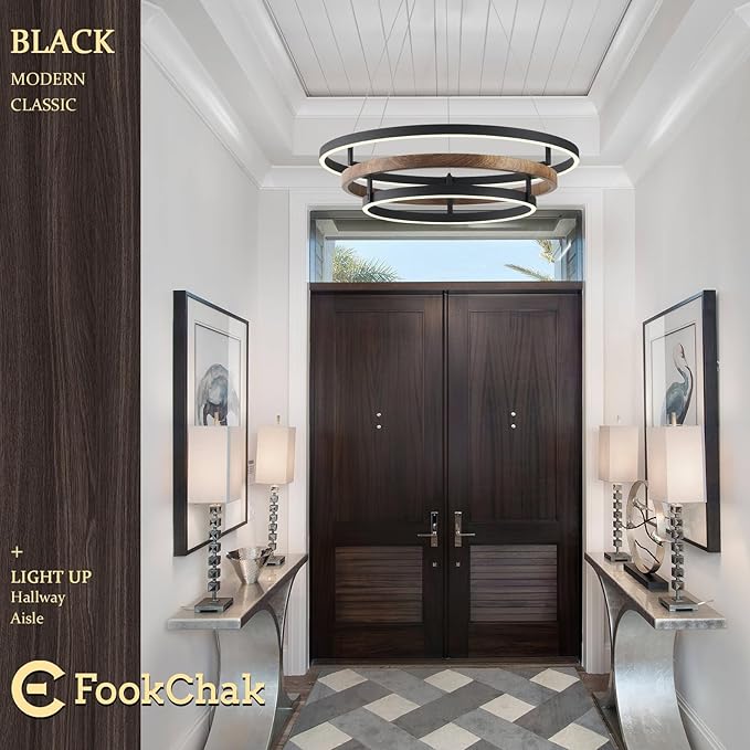 Modern LED Chandelier Black Wood Dimmable 3-Ring Foyer Entry Chandeliers Light 24in Dining Room Chandelier Light Fixture for Kitchen Home Office Living Room