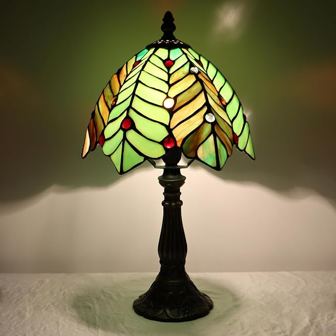 Small Tiffany Lamp Mini Accent Table Lamp Stained Glass Desk Memory Lamp Sympathy 8X14.5 Inch (Brown Green Leaf)