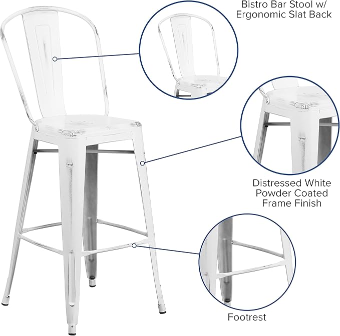 Flash Furniture Blake Commercial Grade 4 Pack 30" High Distressed White Metal Indoor-Outdoor Barstool with Back