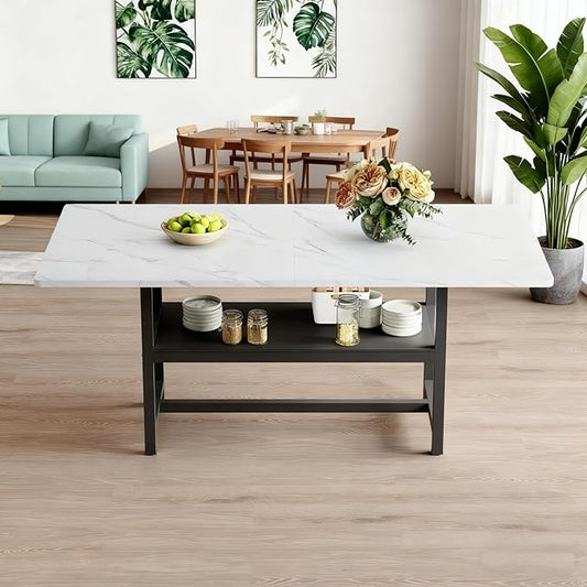 Dining Table, 71 inch Kitchen Table with Storage Shelf, Dinner Table with Black Textured Tabletop & Metal Legs, Minimalist Design for Family Gatherings, Fits Modern Home Decor, Black White