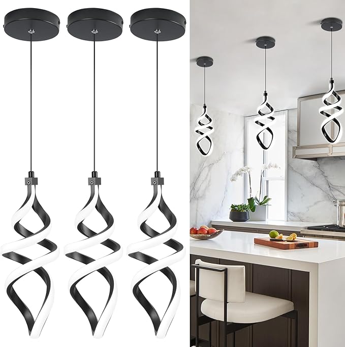 3 Packs Pendant Light, 15W Spiral Led Pendant Light, 4500K Modern Pendant Lights Kitchen Island, Adjustable Height Pendant Light for Dining Room Bedroom Kitchen Island Cafe