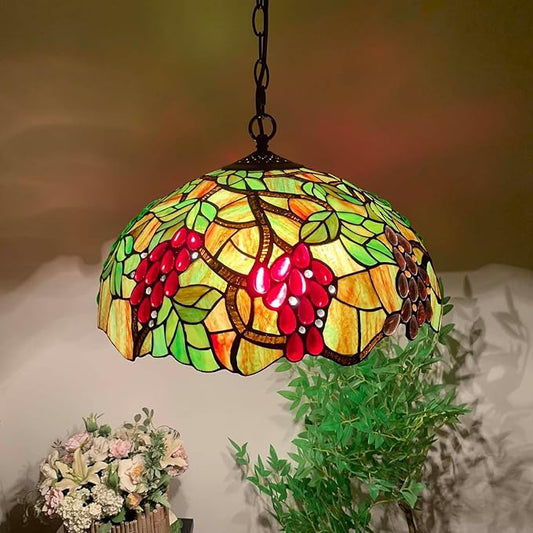 Bieye L10762 Grape Tiffany Style Stained Glass Ceiling Pendant Light with 18 inches Wide Shade, 3-Light, Hard-Wired