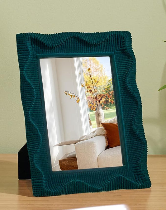 Green Wall Mirror Decor for Living Room Hallway Bedroom, 9.5x7.5 Wavy Framed Mirror with Flocking Touch for Interior Decor Hobbyists Designers, Gift for Wedding Bridal Shower (Emerald Green)