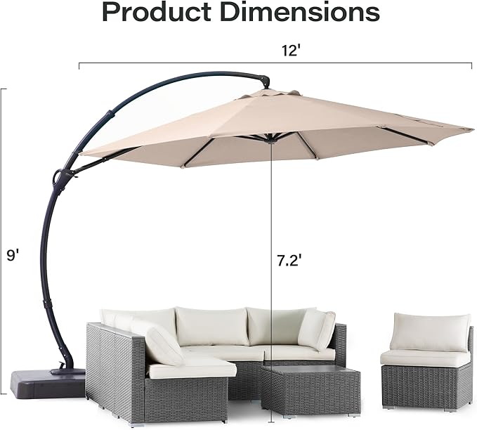 LAUSAINT HOME Outdoor Patio Umbrella with Base included, Deluxe Curvy Cantilever Umbrella Heavy Duty Offset Hanging Umbrella