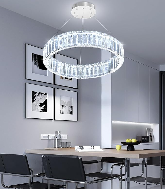 16'' Modern Ring Chandelier Crystal Chandeliers for Dining Room Round LED Dimmable Ceiling Light Fixture for Living Room Bedroom Lighting Silver