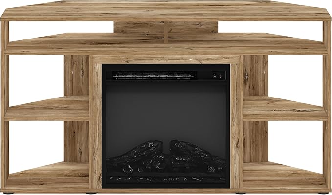 Furinno Jensen Fireplace TV Stand, Corner Entertainment Center, TV Console for TV up to 55 Inch with Fireplace, for Living Room, Bedroom, Flagstaff Oak