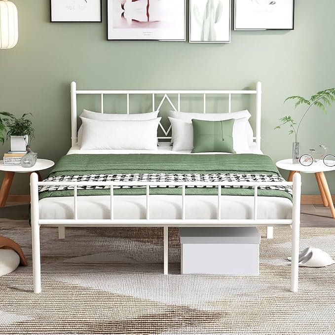14 Inch Full Size Bed Frames with Headboard/Footboard, Under Bed Storage, Strong Metal Slats Support, No Box Spring Needed, Noise Free, Easy Assembly, White