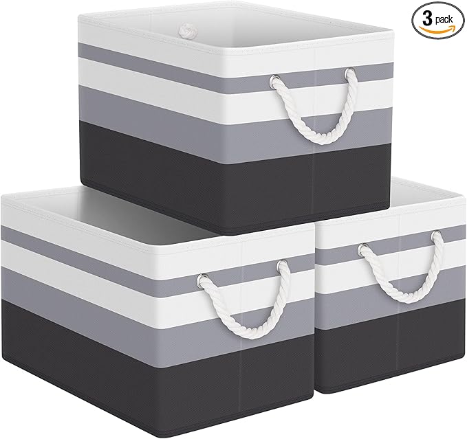 Storage Bin,Collapsible Storage Basket For Organizing,Large Storage Boxes With Rope Handles,Storage Containers,Gradient Grey,3 Pack