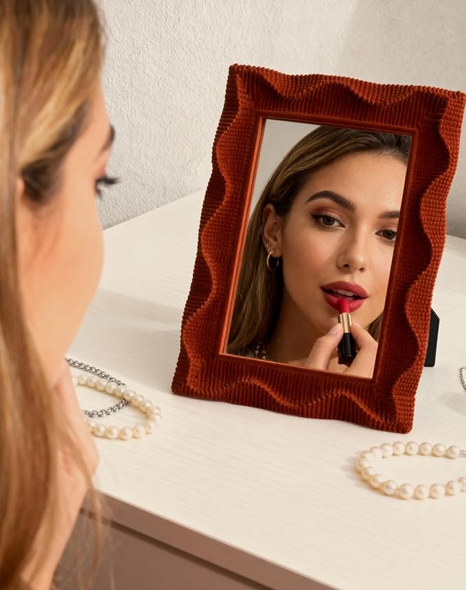 Retro Wall Mirror Decor for Bedroom Guest Room, 9.5x7.5 Squiggly Decorative Vanity Mirror for Dresser Office Desk Art Gallery Wall Decoration, Trendy Gift for Anniversary Thanksgiving (Maroon)