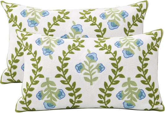 Set of 2 Embroidered Decorative Throw Pillow Covers Couch Square Pillowcases Cushion for Bedroom Sofa Farmhouse Decor 12x20 Inch (Blue Floral-Lumbar)