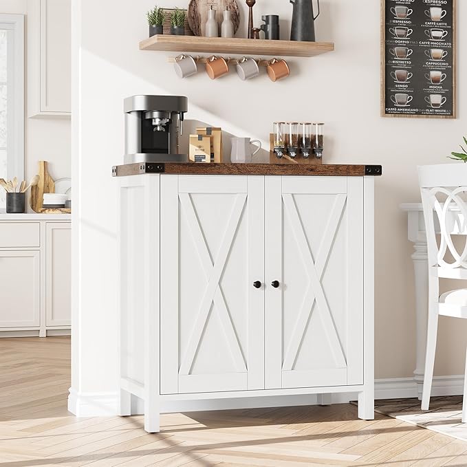 GarveeHome Small Storage Cabinet, Farmhouse Sideboard Buffet Cabinet with 2 Doors and Adjustable Shelves, Accent Entryway Console Cabinets for Living Room, Dining Room (White+Brown, 1 Pieces)