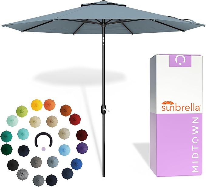 Midtown Umbrellas - The Lean 8 Ft Patio Umbrella with Fade-Resistant Sunbrella Fabric, Auto-Tilt Aluminum Frame and 8 Reinforced Ribs for Deck, Pool & Garden - Canvas Haze Canopy, Black Pole