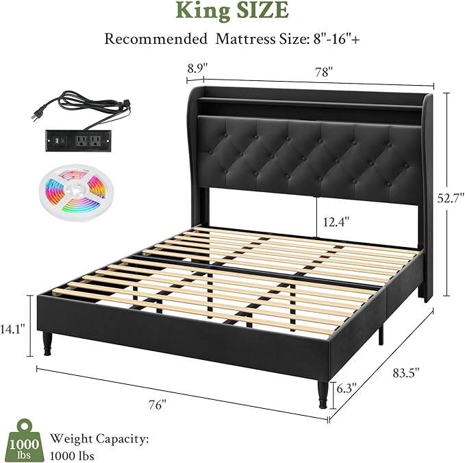 King Size Bed Frame with Tall Headboard, Velvet Upholstered Platform Bed with LED Lights & Charging Station, 52.7"-55" Adjustable/Modern Tufted Wingback Storage Headboard, No Box Spring Needed, Black