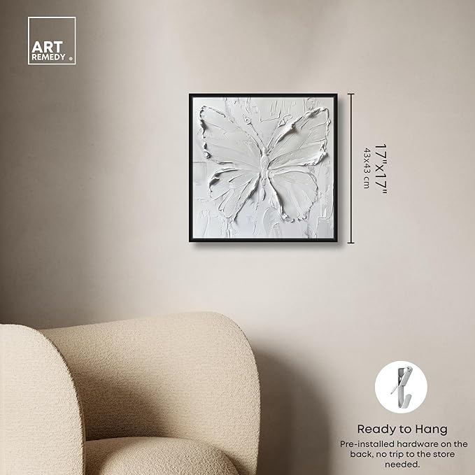 Art Remedy White Butterfly Canvas Elegant White Gold Wall Art, Black Frame, 16" x 16"
