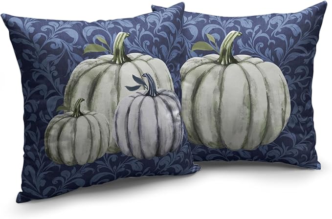 Fall Decorative Throw Pillow Covers 22 x 22 Inch Set of 2 Navy Blue White Pumpkin Outdoor Pillow Covers Autumn Thanksgiving Harvest Cushion Case for Farmhouse Living Room Decor