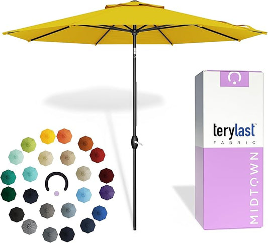 Midtown Umbrellas - 10-Year-No-Fade 10 Ft Patio Umbrella with Terylast Fabric, Auto-Tilt Aluminum Frame and 8 Reinforced Ribs for Deck, Pool, Garden & Beach - Sunflower Yellow Canopy, Black Pole