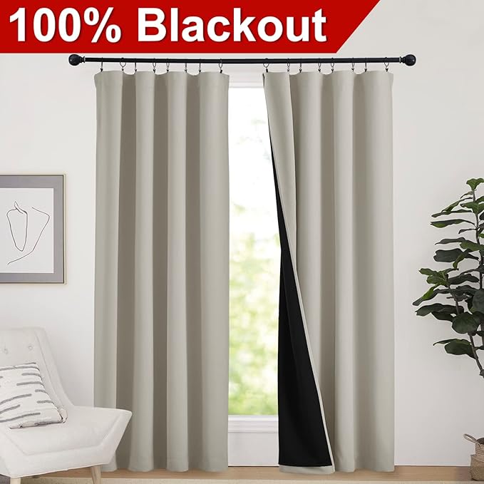 NICETOWN Living Room Completely Shaded Draperies, Privacy Protection & Noise Reducing Drapes, Black Lined Window Treatment Curtain Panels for Patio Sliding Glass Door (Natural, 2 Pieces, W52 x L84)