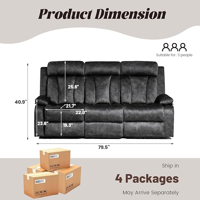 Electric Power Reclining Sofa w/Flipped Middle Backrest & Cup Holders, Power Recliner Couch w/Massage & Heat, Spacious 3-Seater Couch for Living Room Comfort (Gray)