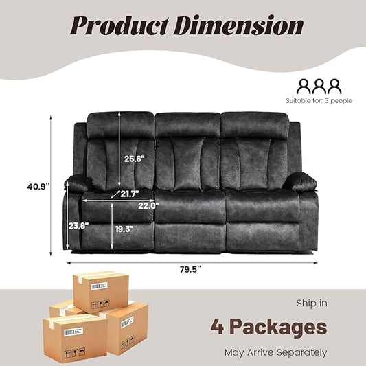 Electric Power Reclining Sofa w/Flipped Middle Backrest & Cup Holders, Power Recliner Couch w/Massage & Heat, Spacious 3-Seater Couch for Living Room Comfort (Gray)