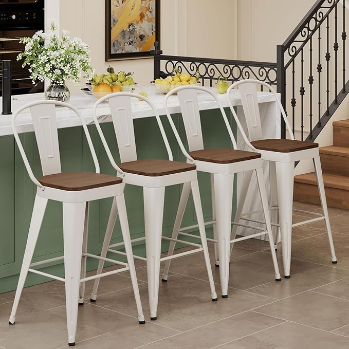 Andeworld Metal Bar Stools Set of 2, 26 inch Counter Height Barstools with Backs Farmhouse Modern High Back Bar Stools with Larger Seat Kitchen Dining Bar Chairs,Off White
