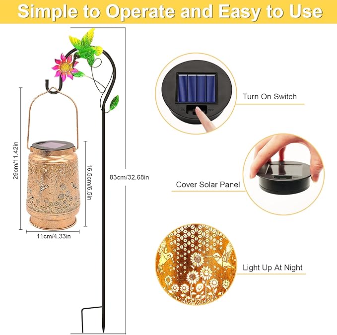 Hummingbird Solar Lanterns Outdoor Garden Decor, Gifts for Women Mom Grandma Birthday, Hanging Metal Solar Lights Waterproof LED Decoration with Shepherd Hook Outside for Yard Patio Lawn Porch