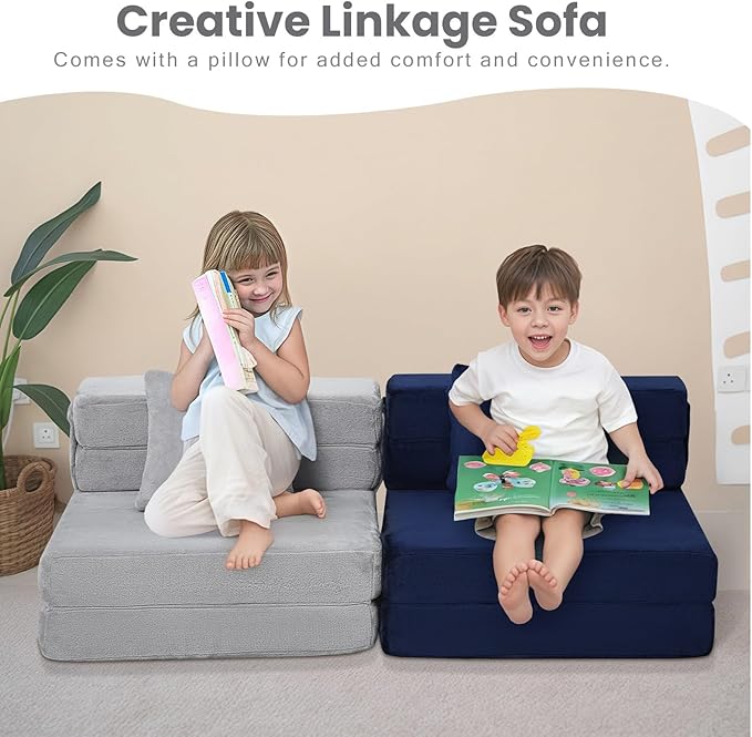 MeMoreCool Foldable Futon Chair Bed for Kids, Grey Tri-fold Convertible Toddler Sofa Mattress, Foam Floor Couch for Sitting