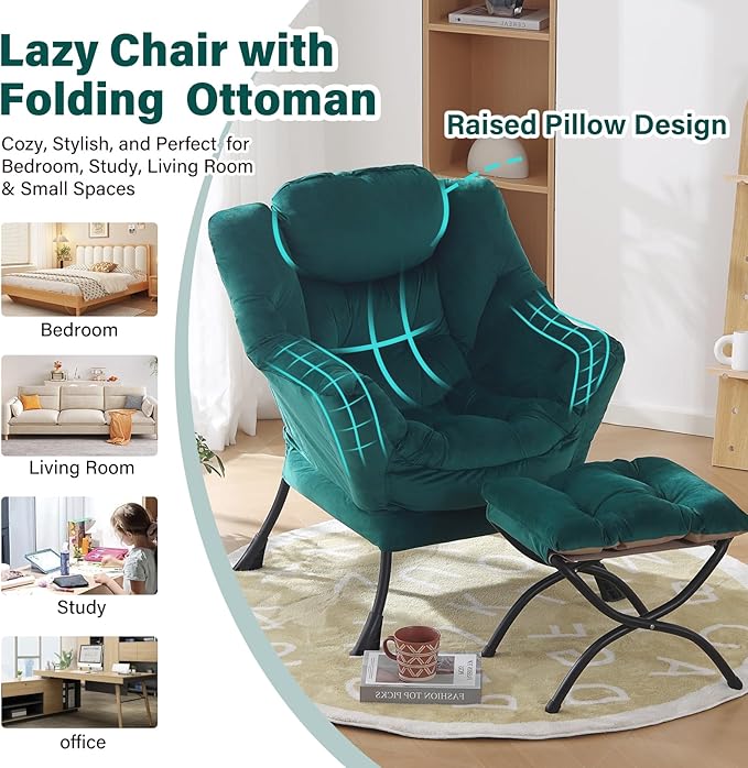 Lazy Chair with Ottoman, Modern Chair with Folding Footrest, Velvet Dark Green Accent Chair, Comfortable Reading Chair, Oversized Armchairs for Bedroom, Study, Living Room, Courtyard