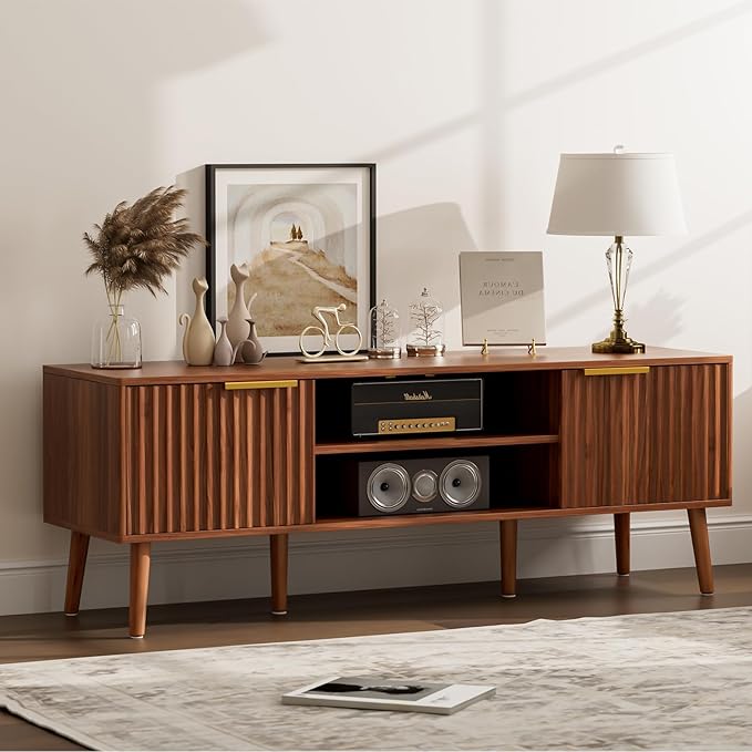 TV Stand for Living Room, Mid Century Modern Entertainment Center for 55/60 inch TVs, TV Console with Fluted Door Cabinets and Open Shelves, for Bedroom, Walnut