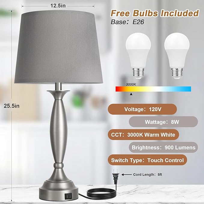 25.5" Lamps for Bedrooms Set of 2 - Touch Bedside Lamp with USB C+A, 3 Way Dimmable Nightstand Lamps with USB Port, Brushed Nickel Table Lamp for Living Room Bed Side End Table（bulbs included）