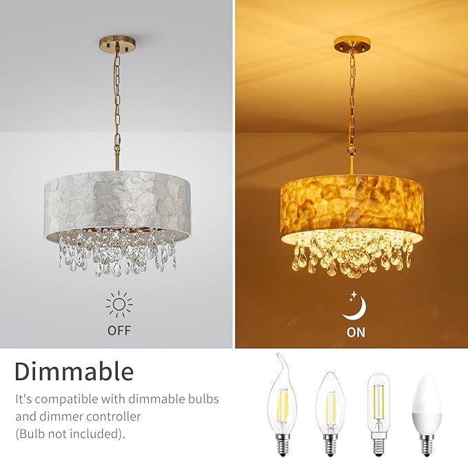 4-Light Drum Capiz Shell Crystal Chandeliers, Coastal Style Pendant Light Fixture for Dining Room, Living Room, D18 x 21~68"(Adjustable), Shell Lampshade & Gold Finish