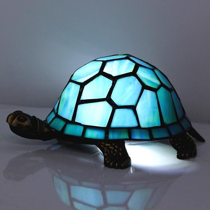 Tiffany Tortoise Lamp Small Stained Glass Turtle Desk Lamp 8X5X4 Inch Animal Antique Accent Table Light (Blue Green Turtle)