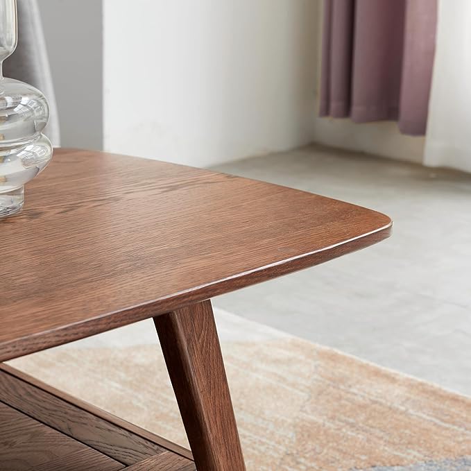 Ball & Cast 39.37" Solid Wood Coffee Table, Mid Century Center Table with Shelf Storage, 2-Tier Small Coffee Table with Rounded Edges for Living Room, Easy to Assemble,Walnut