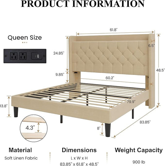 SHA CERLIN Queen Size Platform Bed Frame with Charging Station, Velvet Wingback Headboard with Storage Shelf, Wooden Slats Support, Ample Under-Bed Space, No Box Spring Needed, Easy Assembly, Beige