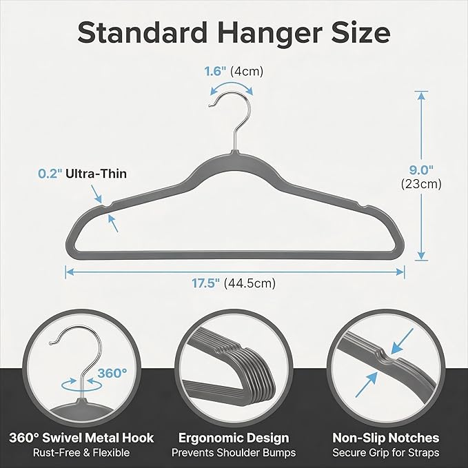 HOUSE DAY Grey Plastic Hangers 20 Pack - Heavy Duty Non-Velvet Hangers with 360° Swivel Hook & Non Slip Notches - Slim Space Saving Clothes Hangers, Durable Closet Organizers for Coats Shirts Dresses