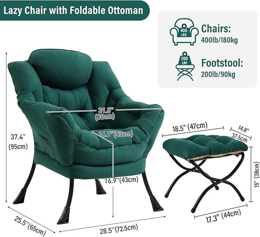 Lazy Chair with Ottoman, Modern Chair with Folding Footrest, Dark Green Accent Chair, Comfortable Reading Chair, Oversized Armchairs for Bedroom, Study, Living Room, Courtyard